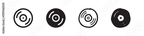 Set of four vinyl record icons, outlined and solid fill, black on white background