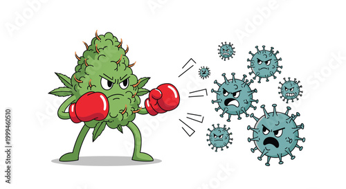Fierce cannabis bud character wearing red boxing gloves fighting off a group of virus cells to represent medical benefits of the plant.