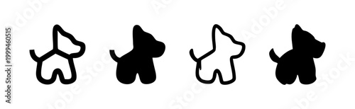 Set of four dog silhouette icons, outlined and solid fill, black on white background