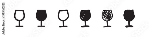 Set of six wine glass icons, outlined and solid fill, black on white background