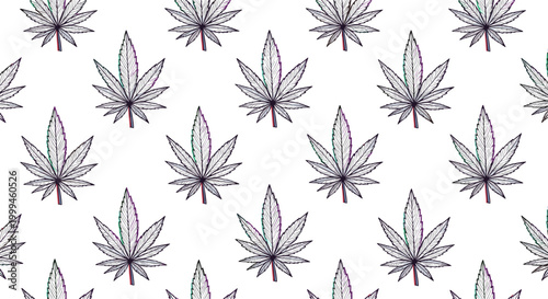 Seamless pattern featuring stylized cannabis leaves with a dotted texture arranged in a neat grid on a clean white background.
