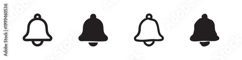 Photos Set of four bell icons, outlined and solid fill, black on white background