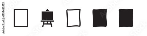 Set of five canvas and easel icons, outlined and solid fill, black on white background