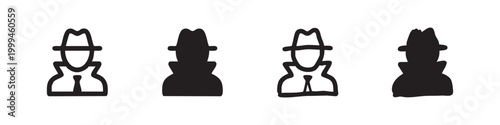 Set of four detective icons, outlined and solid fill, black on white background