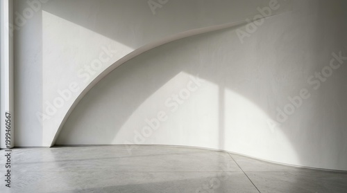 Minimalist interior design with curved wall, shadows and a concrete floor, modern