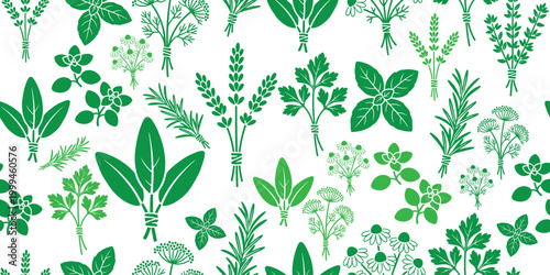 Delicious green cooking herbs and medicinal plants vector seamless pattern