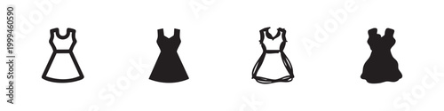 Set of four stylized dress icons: outline and solid black.