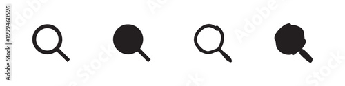 Set of four stylized magnifying glass icons: outline and solid black.