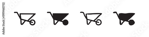 Set of wheelbarrow icons, white and black outline and solid fill