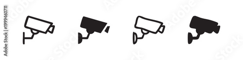 Set of security camera icons, white and black outline and solid fill