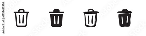Black and white icons of trash cans or bins, hand-drawn style