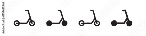 Set of four simple electric scooter icons, black outline and solid fill on white background