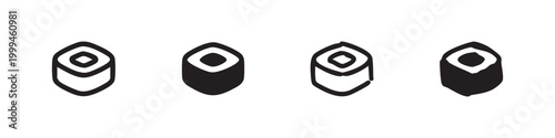 Set of four simple sushi icons, black outline and solid fill on white background
