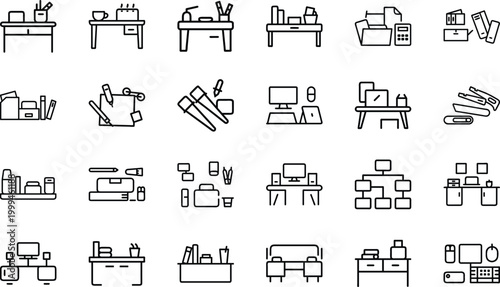 Set of office and workspace thin line icons for modern business professional desk layout.