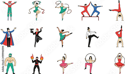 Circus Performers and Variety Show Acts Set in Flat Style, Collection of Clowns, Acrobats, Magician, Fire Performer and Dance Vector Illustration