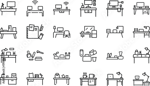 Set of thin line office desk workstation icons showcasing varied professional work areas.