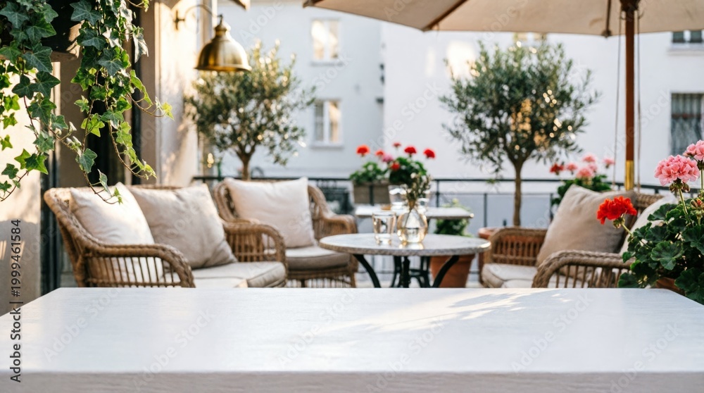 Fototapeta premium Cozy Outdoor Café Terrace with Wicker Furniture and Greenery for Lifestyle Design