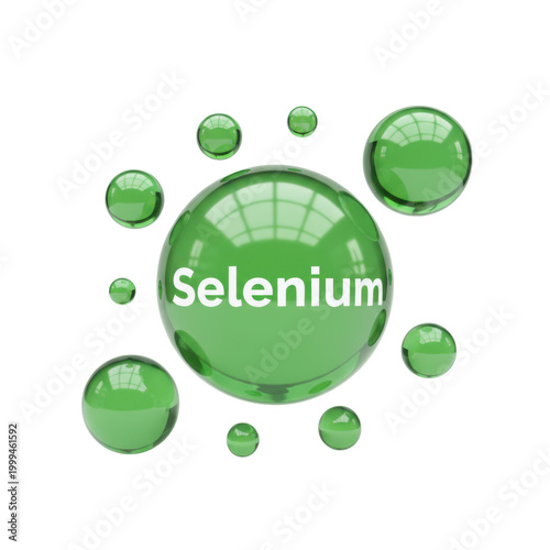 Vibrant emerald green glossy spheres of various sizes with the word selenium written on the central bubble against a white studio backdrop, modern design concept
