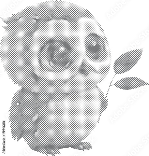Cute cartoon halftone owl holding leaves in beak isolated on white background