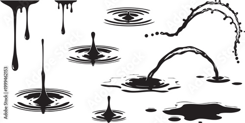 Black ink droplets and splashes creating ripples on water surface