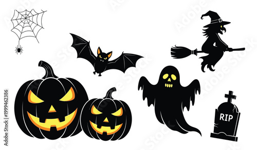 Halloween silhouettes pumpkins bats witch ghost spiderweb and tombstone