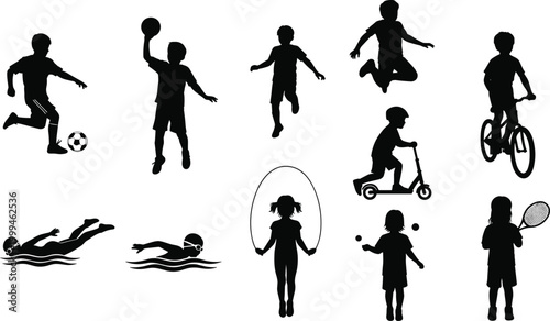Black silhouette collection of children engaged in various sports activities including soccer, swimming, cycling, tennis, jumping rope, and riding a scooter in summer.