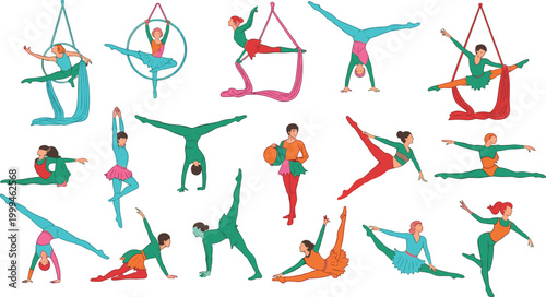 Aerial Silk Performers and Gymnastics Acrobats Set in Flat Style, Collection of Dance, Balance, Flexibility and Circus Performance Vector Illustration