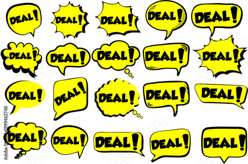 Deal Cartoon comic sign burst clouds. Speech bubble, Deal sign expression and pop art text frames. Comics Deal expressions speech, superhero book Deal label. Isolated vector symbols set