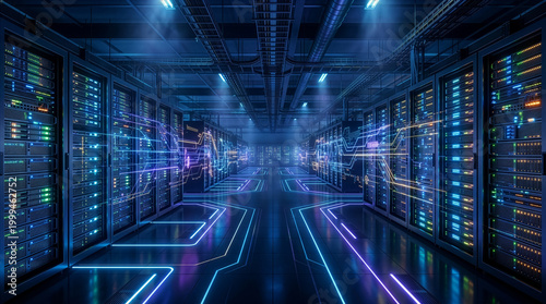 Futuristic Data Architecture Corridor Concept with Glowing Blue Lines and Digital Information Flow