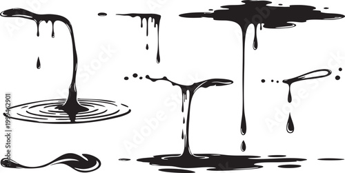 Black dripping liquid forming puddles on a flat surface
