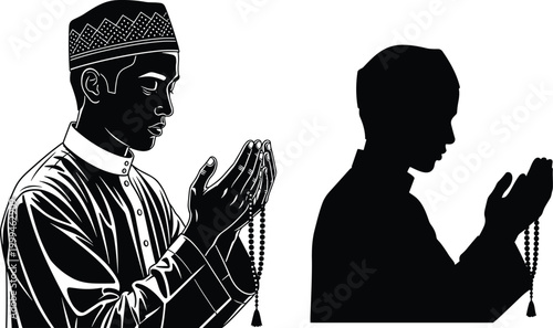 Detailed vector illustration and black silhouette of a young Muslim man wearing a kufi cap praying with prayer beads against a white background.