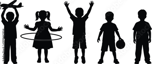 Black silhouette collection of diverse children playing with toys including a hula hoop, airplane, and ball, capturing active childhood moments and happy summer fun.