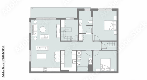 Detailed Modern Apartment Floor Plan with Two Bedrooms, Bathroom, and Kitchen in Bright Studio
