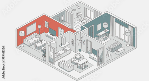 Isometric View of a Modern Apartment Floor Plan with Living Room, Kitchen, Bedroom, and Bathroom in Bright Studio