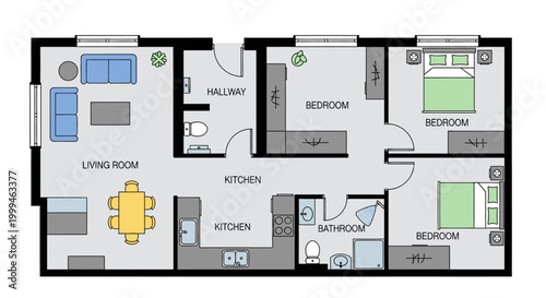 Detailed Modern Apartment Floor Plan with Living Room, Kitchen, Two Bedrooms, and Bathroom in Bright Studio