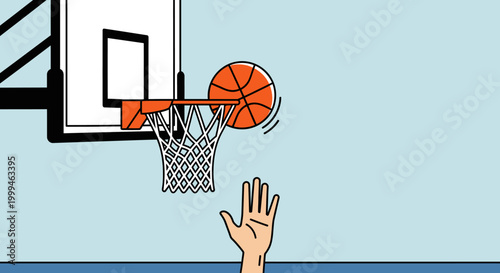 Hand Reaching for Basketball Hoop with Ball Falling Through Net on Light Blue Background