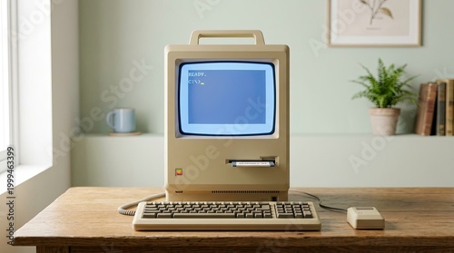 Vintage Macintosh computer on a wooden desk, retro technology, nostalgic scene.