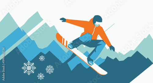 Snowboarder Jumping Over Mountains with Snowflakes in Flat Design