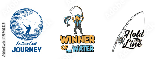 Three distinct fishing designs: Endless Cast Journey, Winner of the Water, and Hold the Line for anglers. design