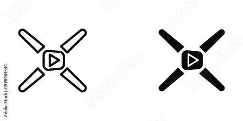 Simple black and white icon of a drone with four blades and a play button in the center