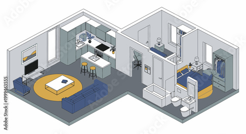 Isometric View of a Modern Apartment Interior with Furnished Living Room, Kitchen, Bedroom, and Bathroom