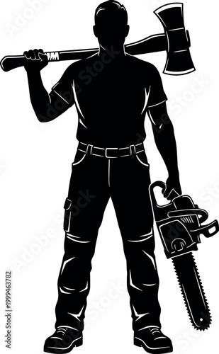 Silhouette of a strong lumberjack holding a double-sided axe on his shoulder and a professional chainsaw for forestry work