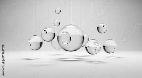 suspended glass spheres on white background high quality