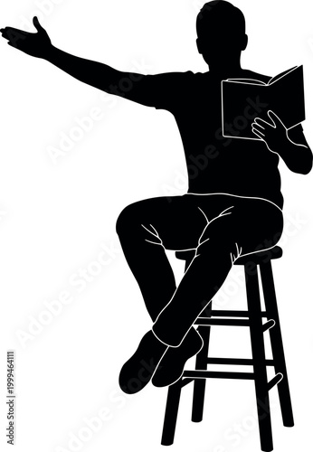 Foto Vector silhouette of a young man sitting on a wooden stool reading an open book and gesturing with one hand