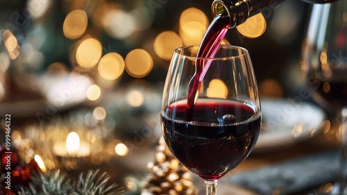 Pouring red wine into glass on festive dinner table with candlelight and warm holiday bokeh