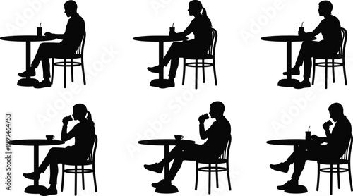 Vector Illustration of Silhouettes Depicting a Person Sitting Alone at a Table, Drinking Beverage for Casual Dining, Coffee, and Relaxation Designs