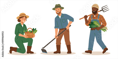 A smiling man and woman wearing hats pose as happy gardeners holding fresh vegetables while gardening in a lush green plant garden