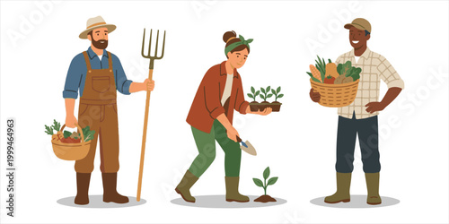 A smiling male farmer wearing a hat and cap stands with a woman, posing as a worker character in a vector illustration of people doing their job with carrots