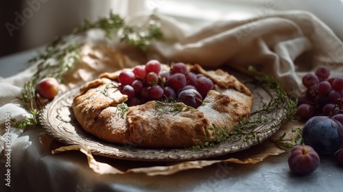 Galette with ripe grapes and herbs on a vintage metal plate. Homemade fruit tart pastry for dessert. Rustic autumn food photography with natural light and dark mood atmosphere.