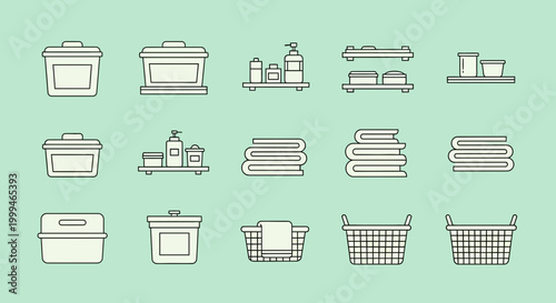 Collection of laundry and household cleaning supplies and accessories, including baskets, containers, shelves, and towels on a pale blue background